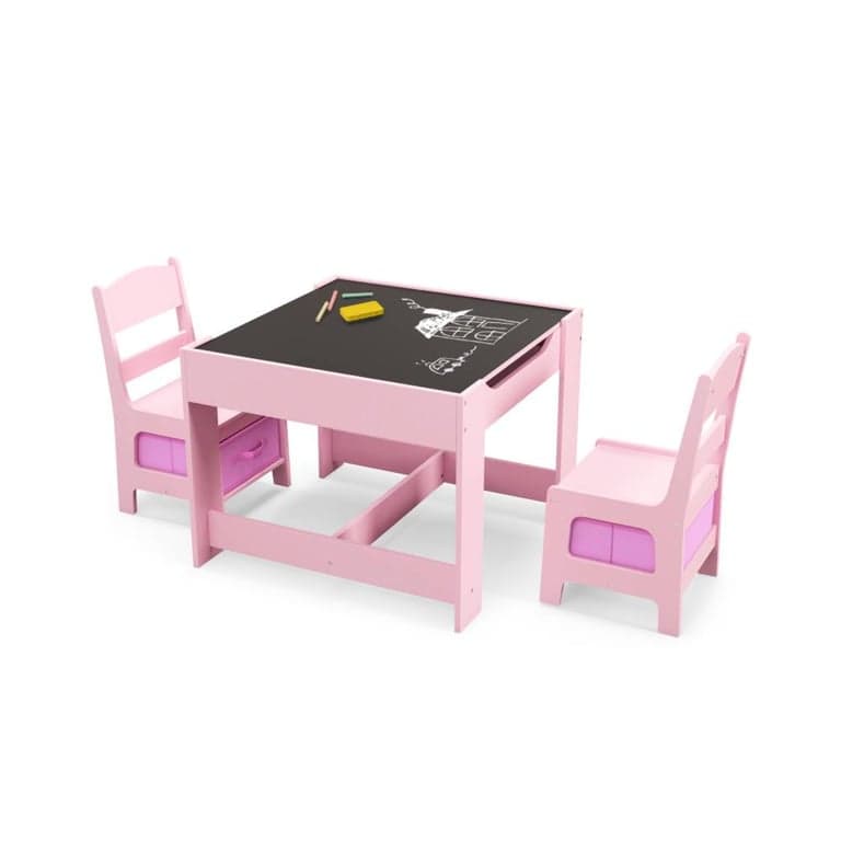 Costway Activity Table and Chairs Set With Storage Boxes, Blackboard, Whiteboard Pink
