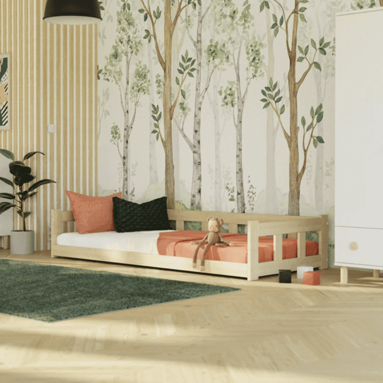 Benlemi Low Single Bed Fence With Sidewall Unvarnished 80x160 CM