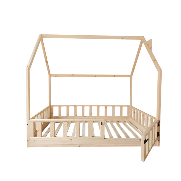 Montessori Rustic Made Decor House Bed With Rails and Gate Single