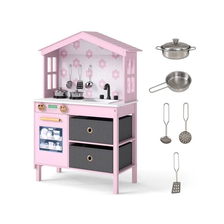 Costway Kitchen Play With 2 Stoves and Rotation Knobs Pink