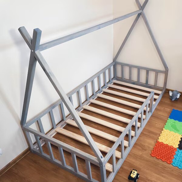 Montessori Holly Molly Wood Floor Bed With Rails Tepee Shape Single Grey