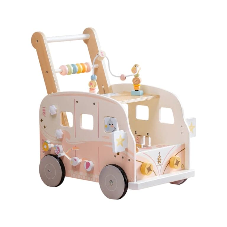 Robud Wooden Baby Push Walker Vacation Bus Pink