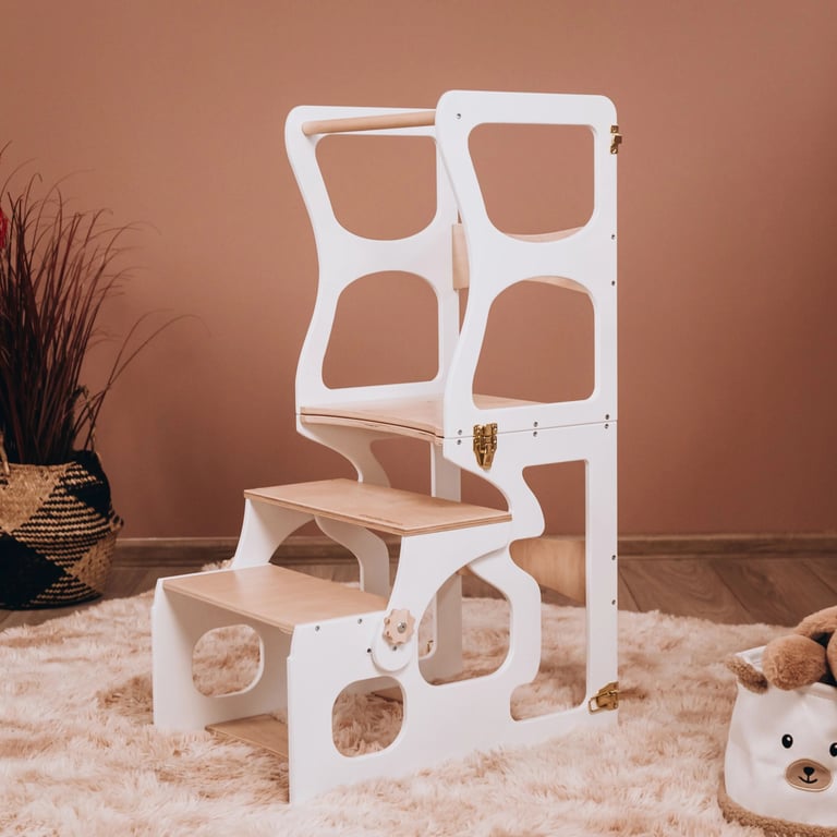 Montessori Wood and Hearts Convertible Kitchen Tower White + Natural Wood Neckline