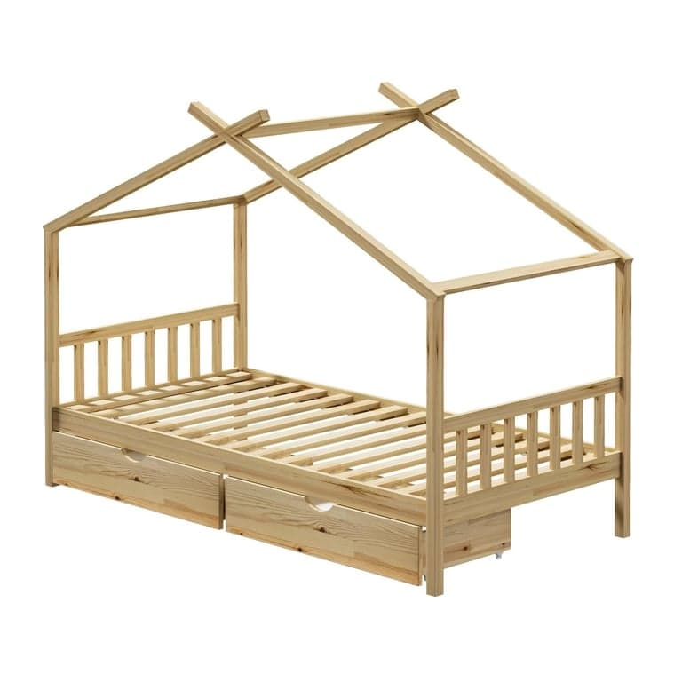 Oikiture Single House Bed Frame Cream With 2 Drawers