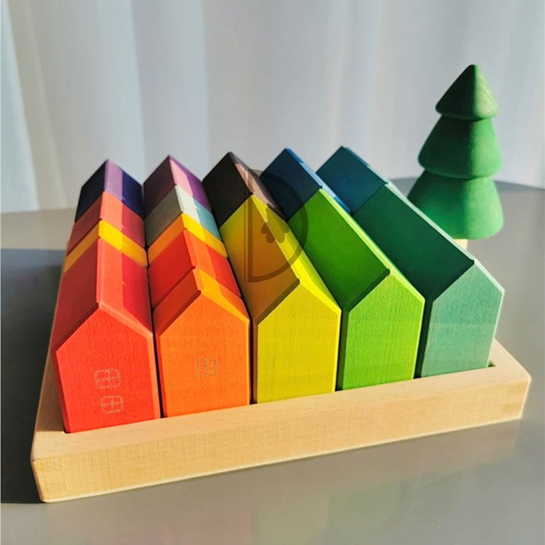 Montessori REU Di Little Corner 15 Pieces Wooden Houses Building Blocks Set