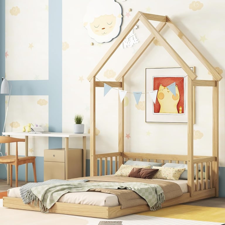 Montessori Bellemave Full Floor Bed Frame With House Shape Roof and Semi-Fence Size Natural