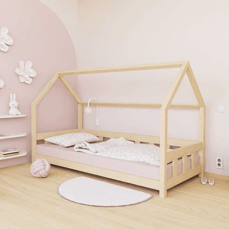 Benlemi House Bed Plotty With Side Panel and Open Entrance Unvarnished 80x160 CM