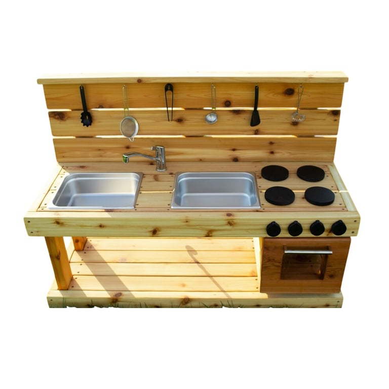 Montessori Noble Wooden Toys Mud Kitchen With Oven, Faucet, and 2 Drains