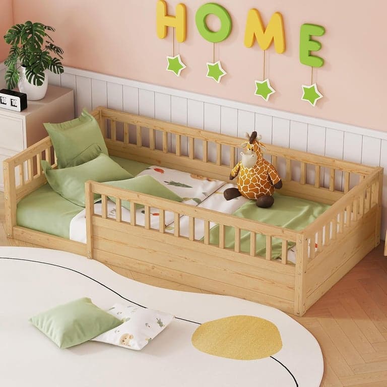 Ball & Cast Single Size Floor Bed With Fence Natural