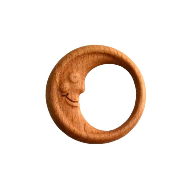 Montessori PoppyBabyCo Wooden Rattle Teether Moon Teething Ring