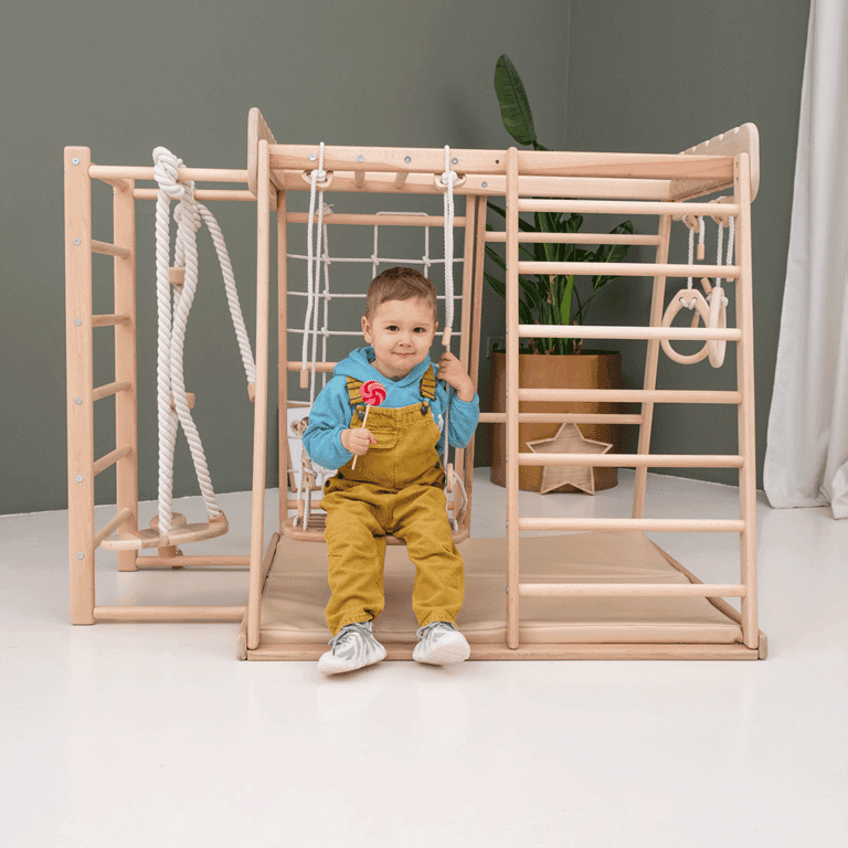 Montessori Wood and Hearts Indoor Jungle Gym With Trapeze, Ladder, Mat, and 4 Rope Access