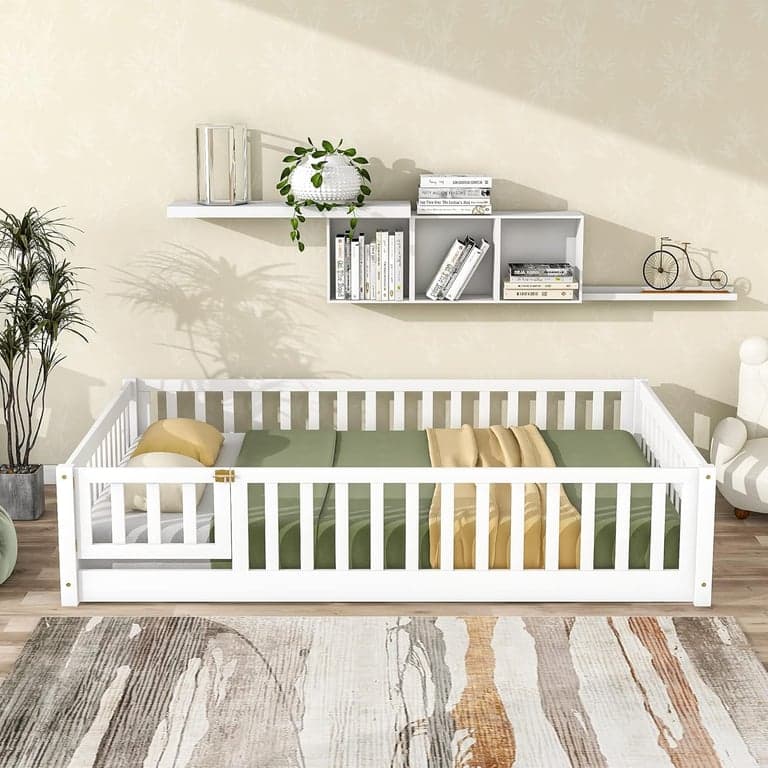 LLS Double Floor Bed With Slats, Rails, and Door White