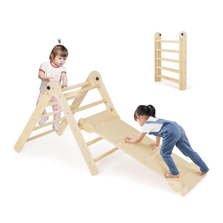 Montessori Costway Wooden Triangle Climbing Frame With Double-Sided Ramp Natural