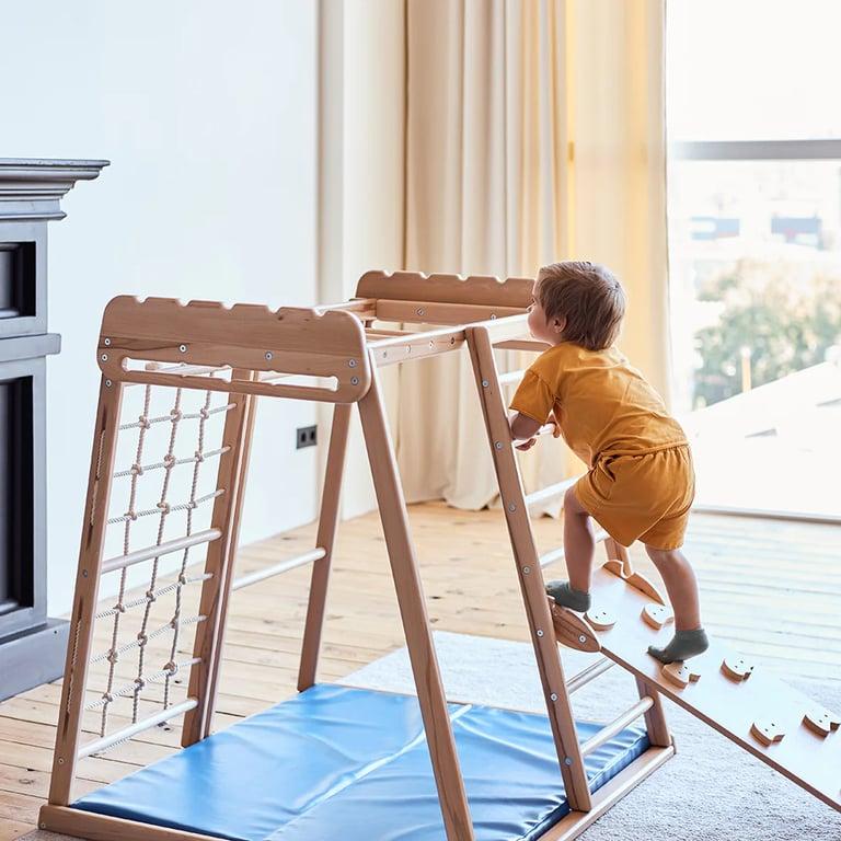 Montessori Wood and Hearts Indoor Jungle Gym With Trapeze, Ramp, and Mat