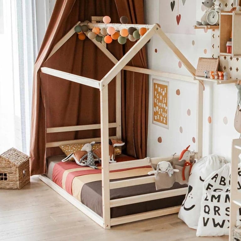 Montessori Sweet Home From Wood House Floor Bed With Horizontal Headboard and Footboard Queen Birch Wood