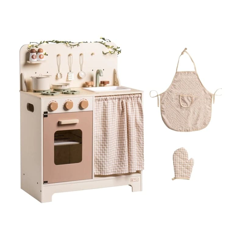 Robud Rustic Wooden Kids Play Kitchen Set With Leaf Light String