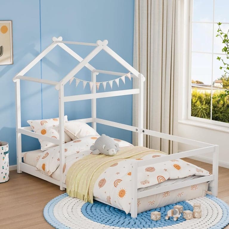 JOYMOR Single House Floor Bed With Semi Fence White