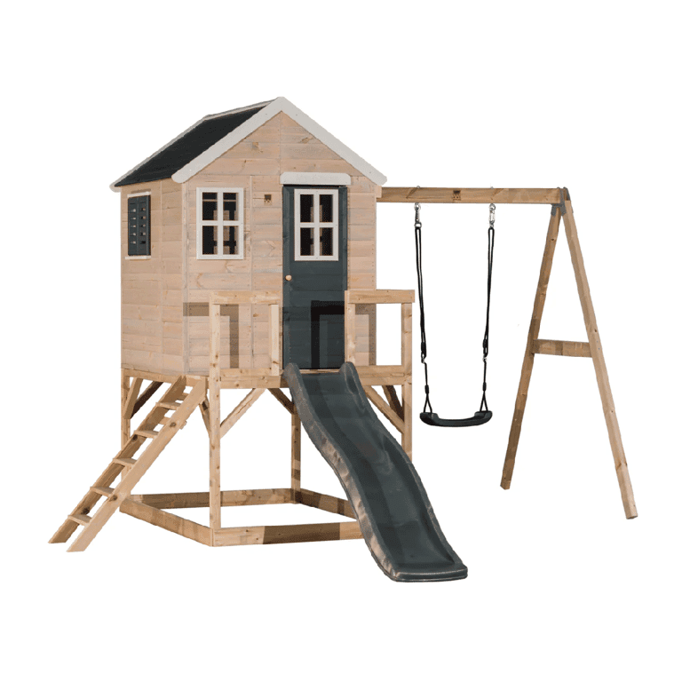 Montessori Wendi Toys My Lodge Swing Set With Platform, Slide, and Single Swing Gray