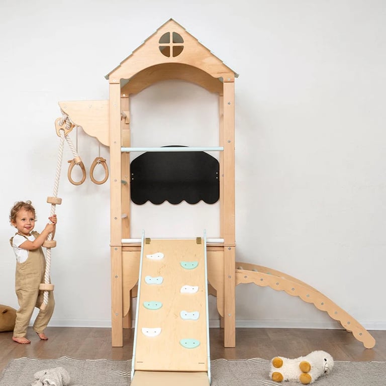 Montessori Wood and Hearts Indoor Playground Set Mini With Bar, Ramp, and 2 Ropes in Natural Wood and Pastel