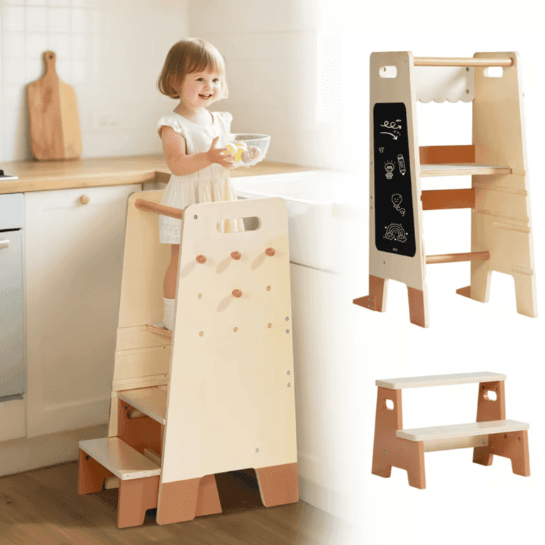 Robud Toddler Tower With Step Stool Set Brown