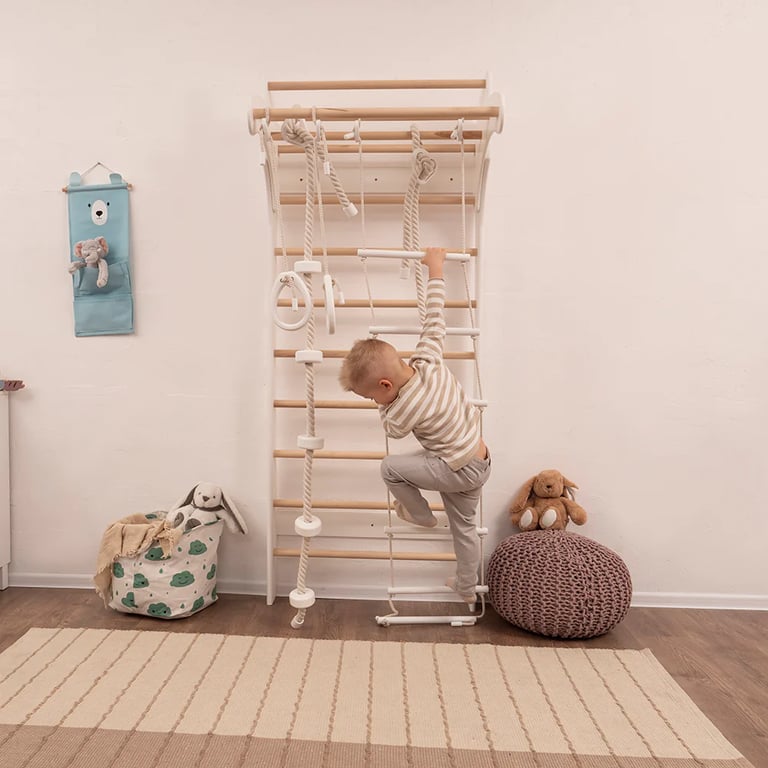 Montessori REU Wood and Hearts Swedish Wall Solid With 4 Rope Access in White and Natural Wood