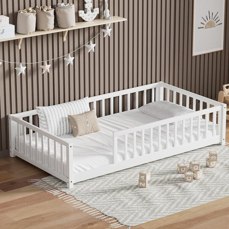 LLS Single Floor Bed With Slats and Safety Fence White