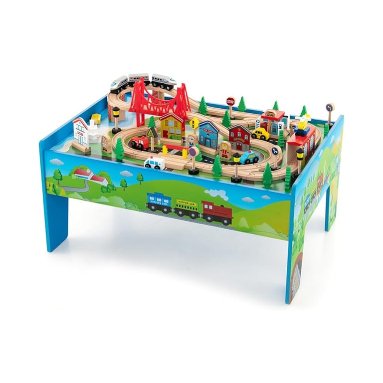Montessori Costzon Wooden Activity Table With 80 Pieces Train Set Multicolor