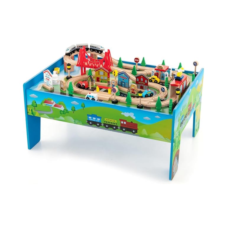 Montessori Costzon Wooden Activity Table With 80 Pieces Train Set Multicolor