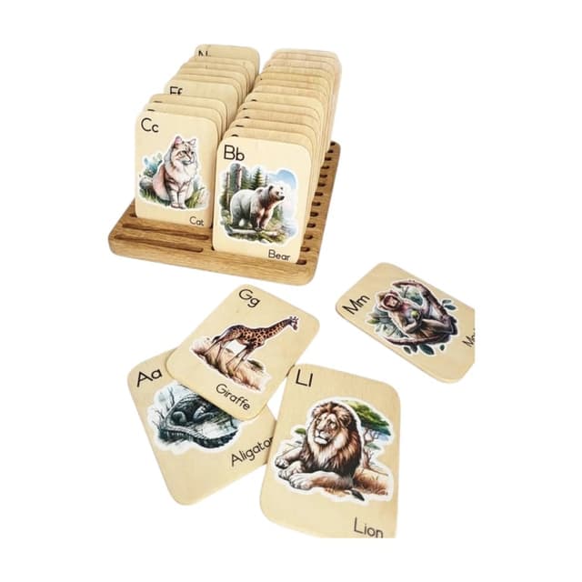 THREEWOOD Wooden Animal Flashcards With Holder