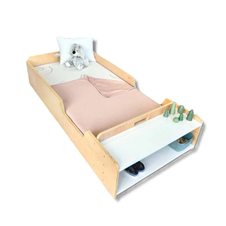 Montessori Sapiens Child Apple Floor Bed With Rails, Slats & Shelves Twin Birch