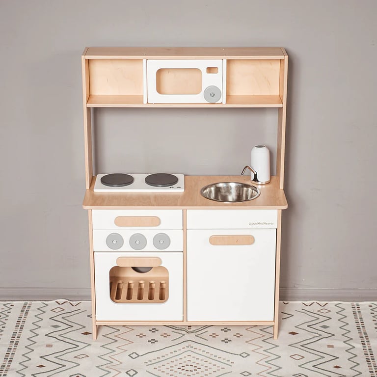 Montessori Wood and Hearts Play Kitchen Natural Wood + White With Water Tap Tub