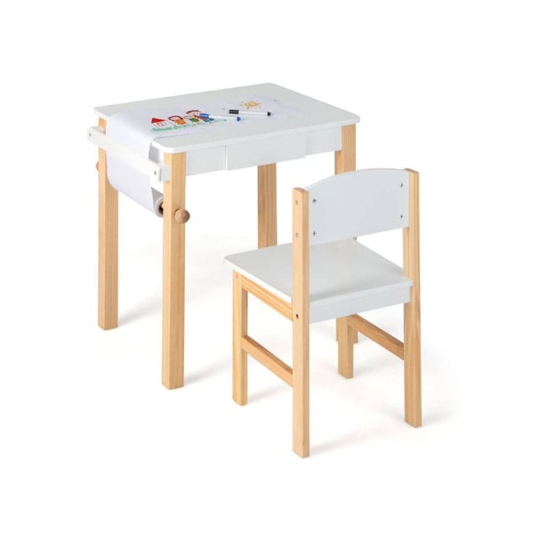 Costway Activity Table and Chair Set With Paper Roll, 2 Markers, and Drawer