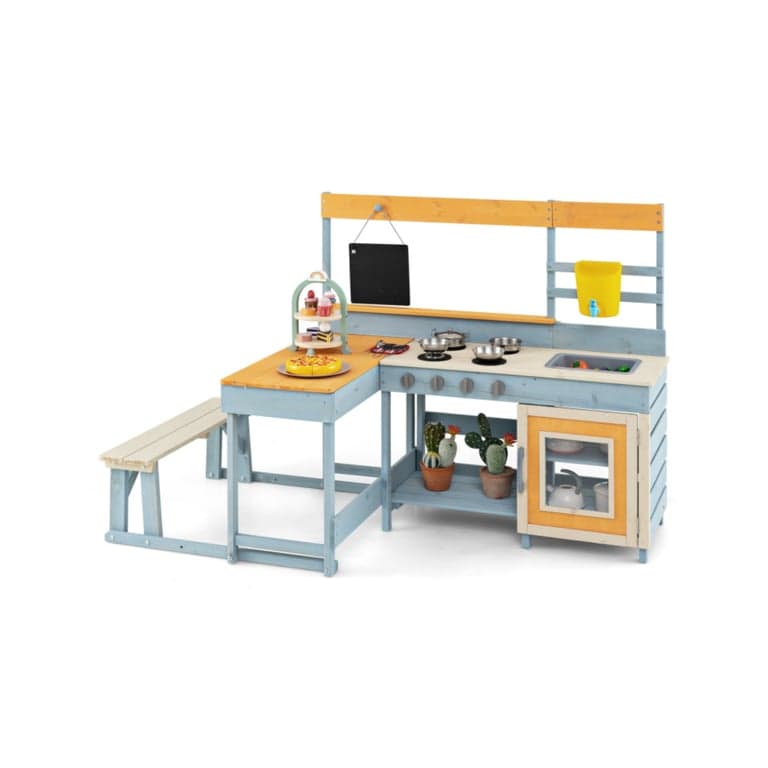 Costway Fir Wood Play Kitchen With Picnic Bench