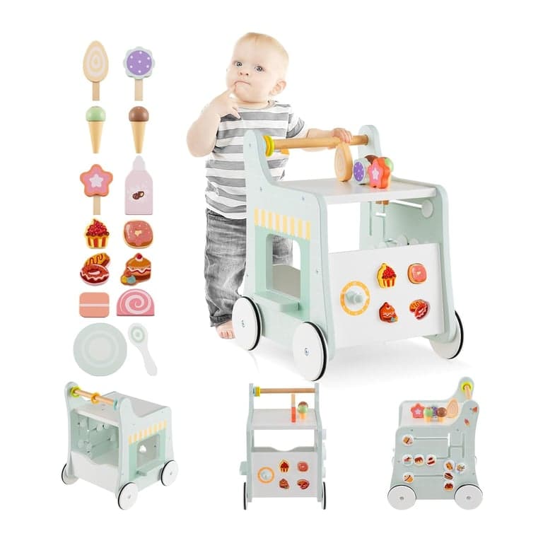 INFANS 6 in 1 Wooden Baby Walker With Play Kitchen Playset