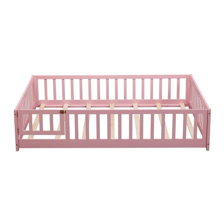PVWIIK Full Floor Bed With Door, Guardrails, and Slats Pink