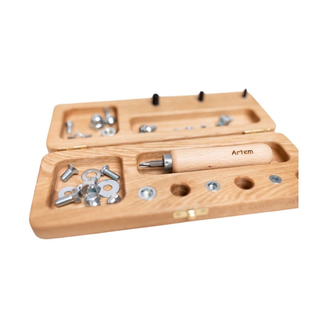 THREEWOOD Montessori Screwdriver Box With Name on Box and Screwdriver