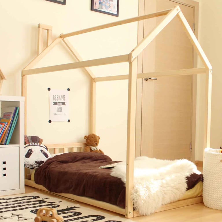Montessori Sweet Home From Wood House Floor Bed With Headboard Queen Birch Wood
