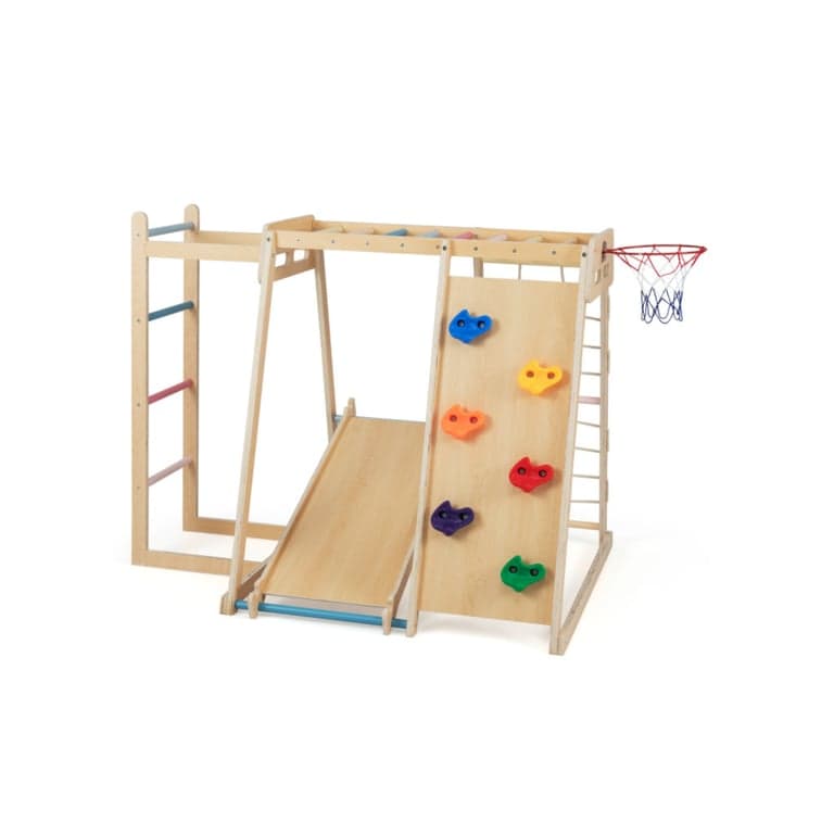 Costway 6-in-1 Jungle Gym With Basketball Hoop Natural