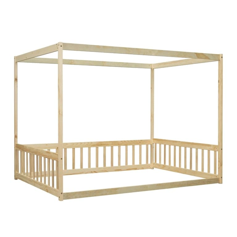 PVWIIK Full Size Canopy Frame Floor Bed With Fence