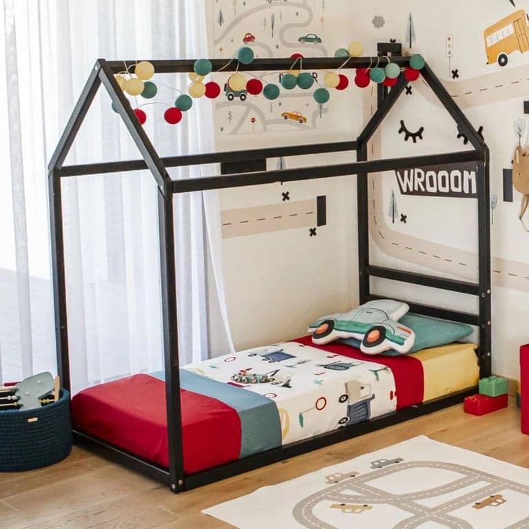 Montessori Sweet Home From Wood House Floor Bed With Horizontal Headboard Queen Black