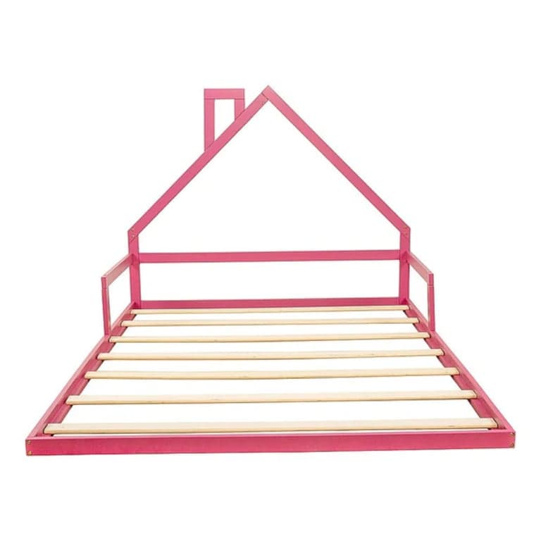 Montessori Bedzy Pine Wood House Shaped Double Floor Bed Pink