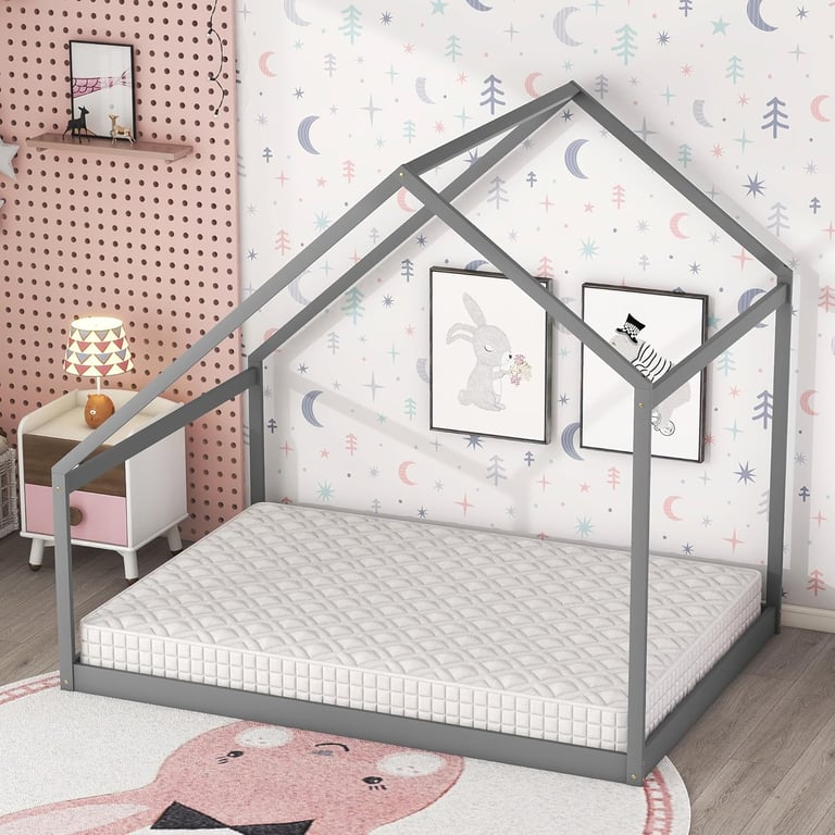 Montessori Merax Full Size Bed Frames With Roof Gray