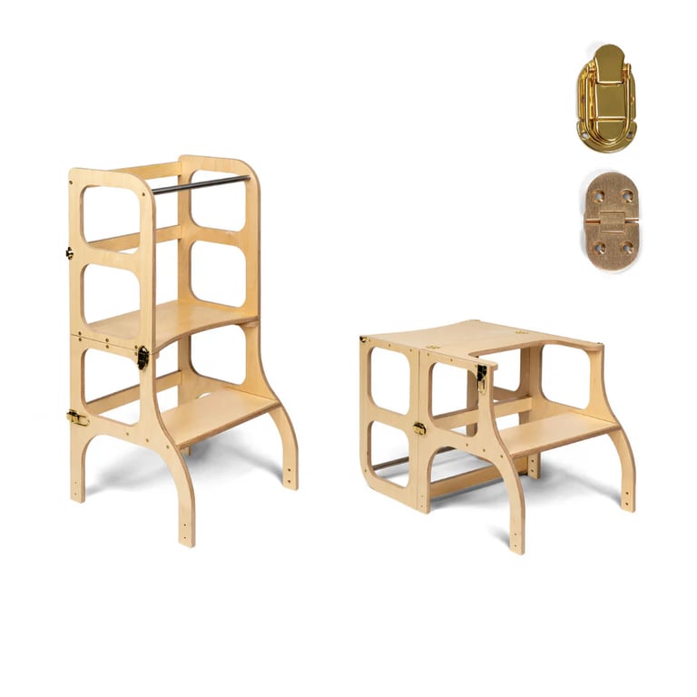 Montessori Ette Tete STEP'n'SIT® Helper Tower Table Convertible 2-in-1 Wooden With Gold Clasp Locks