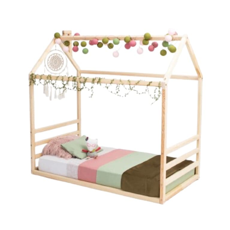 Montessori Sweet Home From Wood House Floor Bed With Horizontal Headboard and Footboard Queen Pine Wood