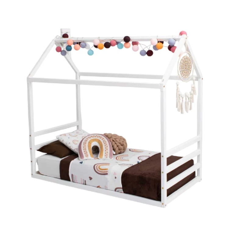 Montessori Sweet Home From Wood House Floor Bed Frame With a Horizontal Headboard and Footboard Twin White